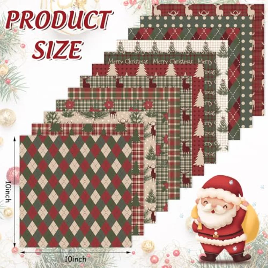 12Pcs Christmas Fabric Squares Woodland Poinsettia Reindeer Tree Cotton, view 2