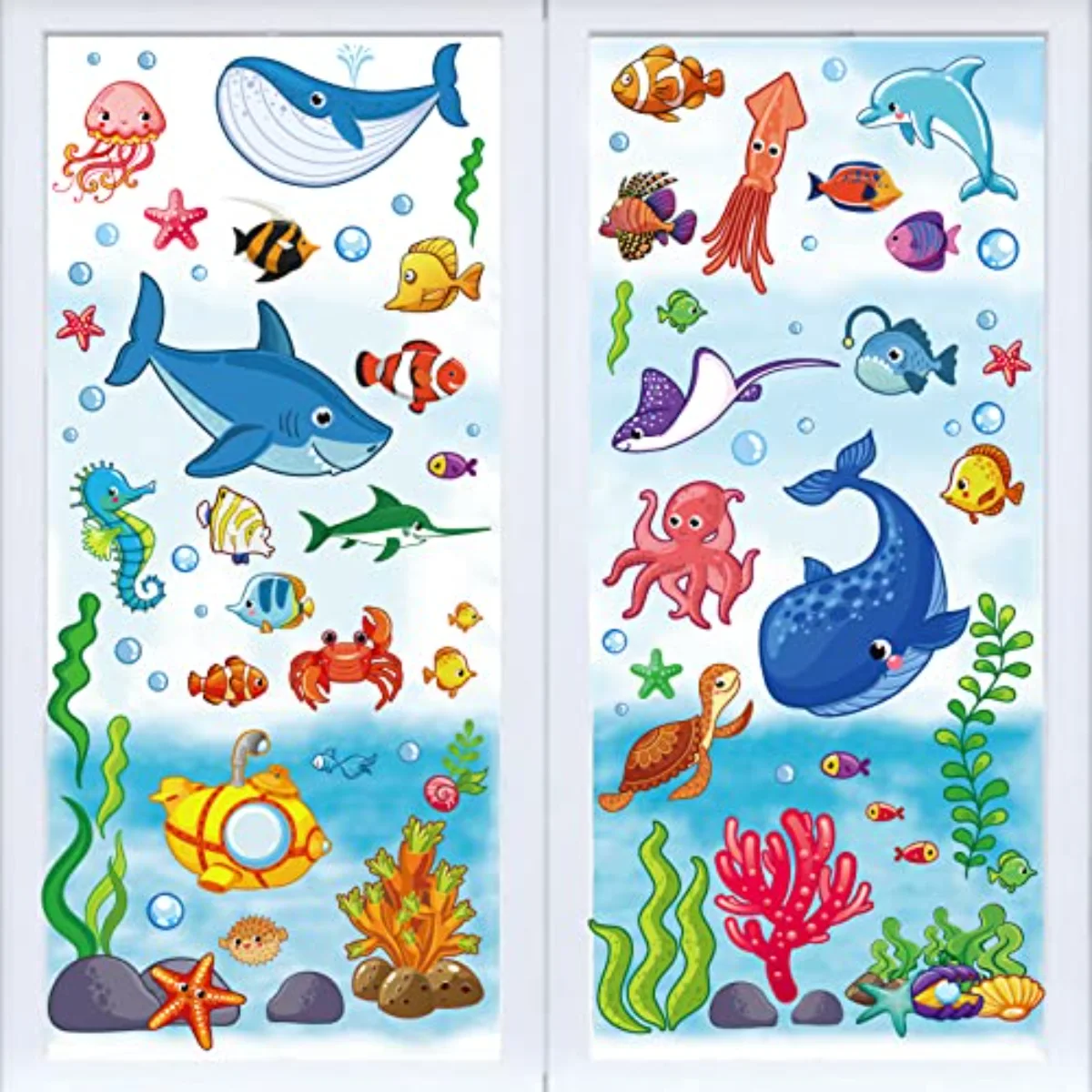 9 Sheets Summer Ocean Themed Window Clings Stickers Cartoon Sea Life Under