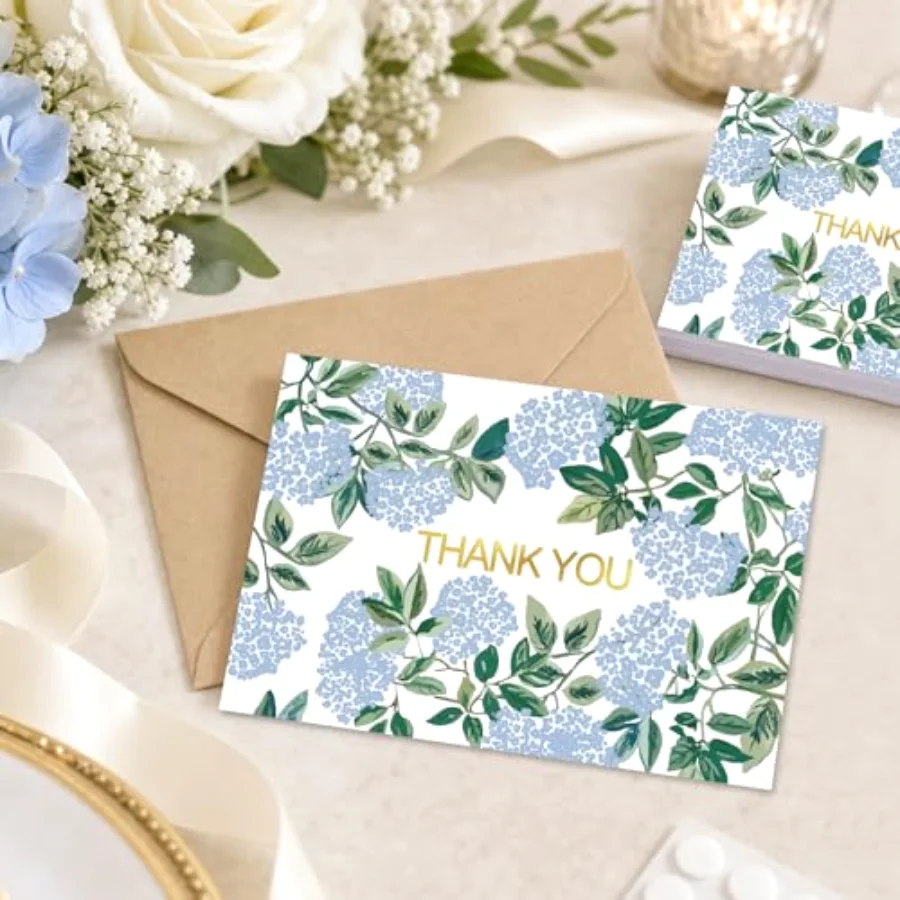 24 Pcs Hydrangea Thank You Cards with Envelopes Stickers Blue White Flower, view 4