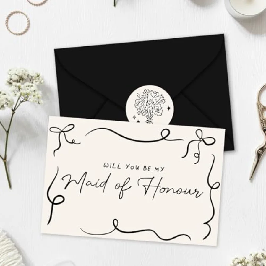 12 Pcs Bridesmaid Proposal Cards with Envelopes Stickers Beige Black Bow, view 4