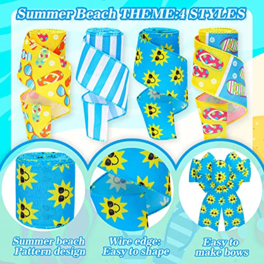 4 Rolls Summer Wired Ribbons 24 Yards Flip Flop Sunshine Stripe Fabric, view 3