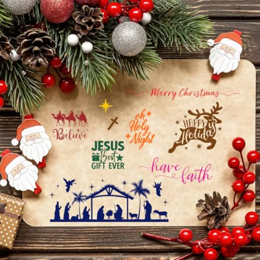 4 Sheets Christmas Clear Stamps Greeting Words Nativity Scene Silicone, view 4