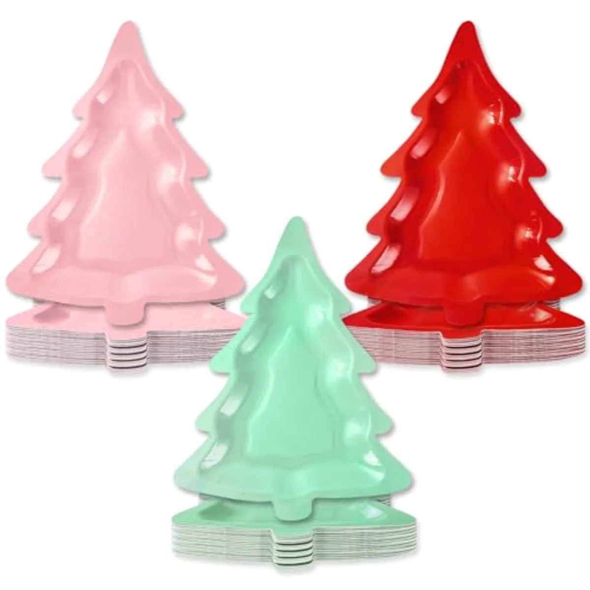 60 Pcs Christmas Paper Plates Boho Xmas Tree Shaped Dinner Plates Red Pink