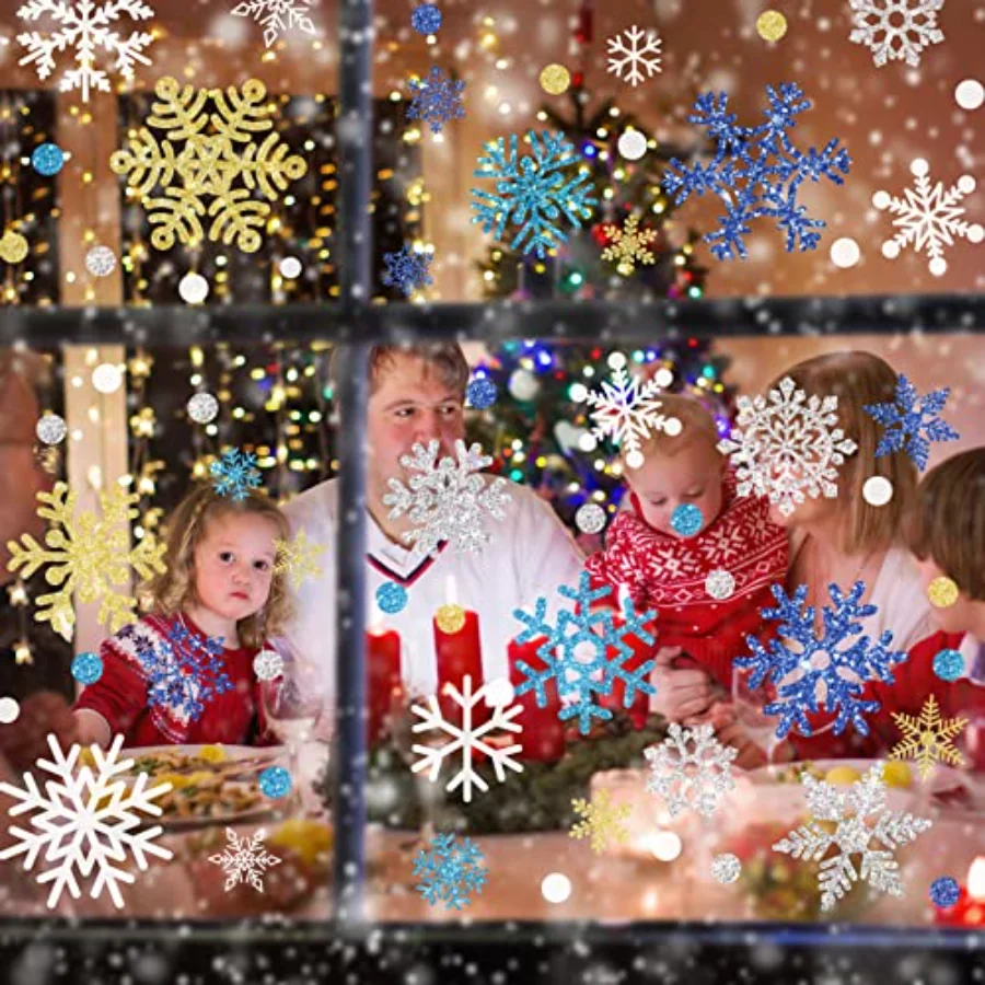 541Pcs Winter Snowflake Window Clings Glitter White Silver Blue Gold, view 2