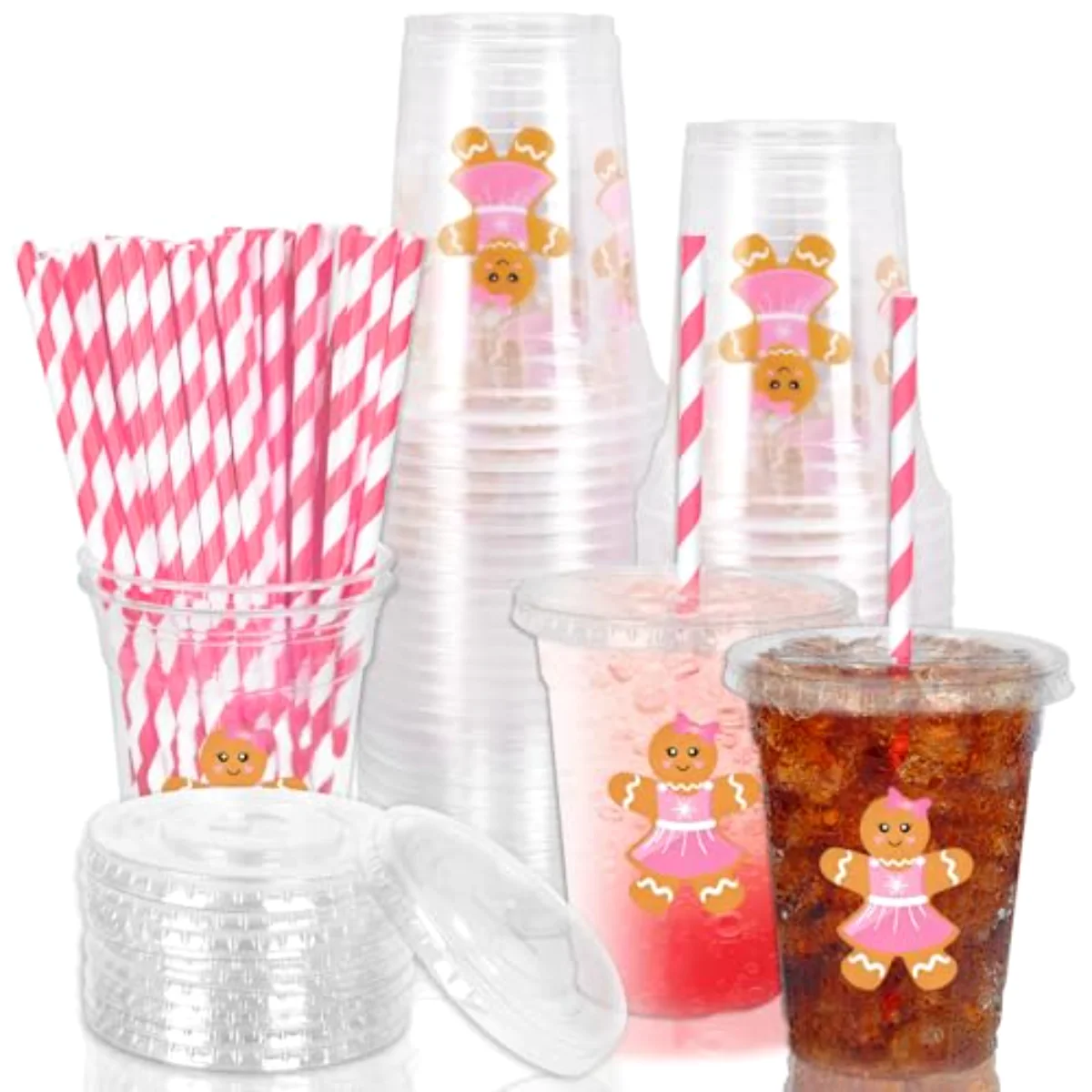 50 Pcs 12 Oz Christmas Disposable Plastic Cups with Lids and Straws Cute
