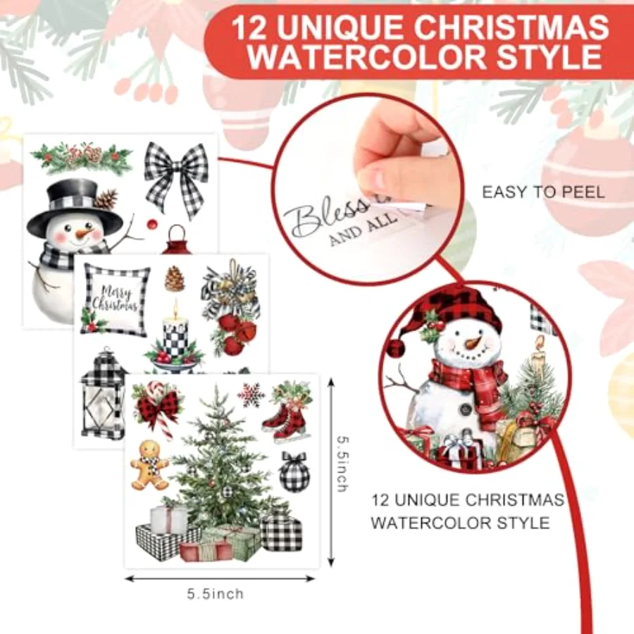 12 Sheets Christmas Rub on Transfer for Crafts Watercolor Plaid Xmas Tree, view 2