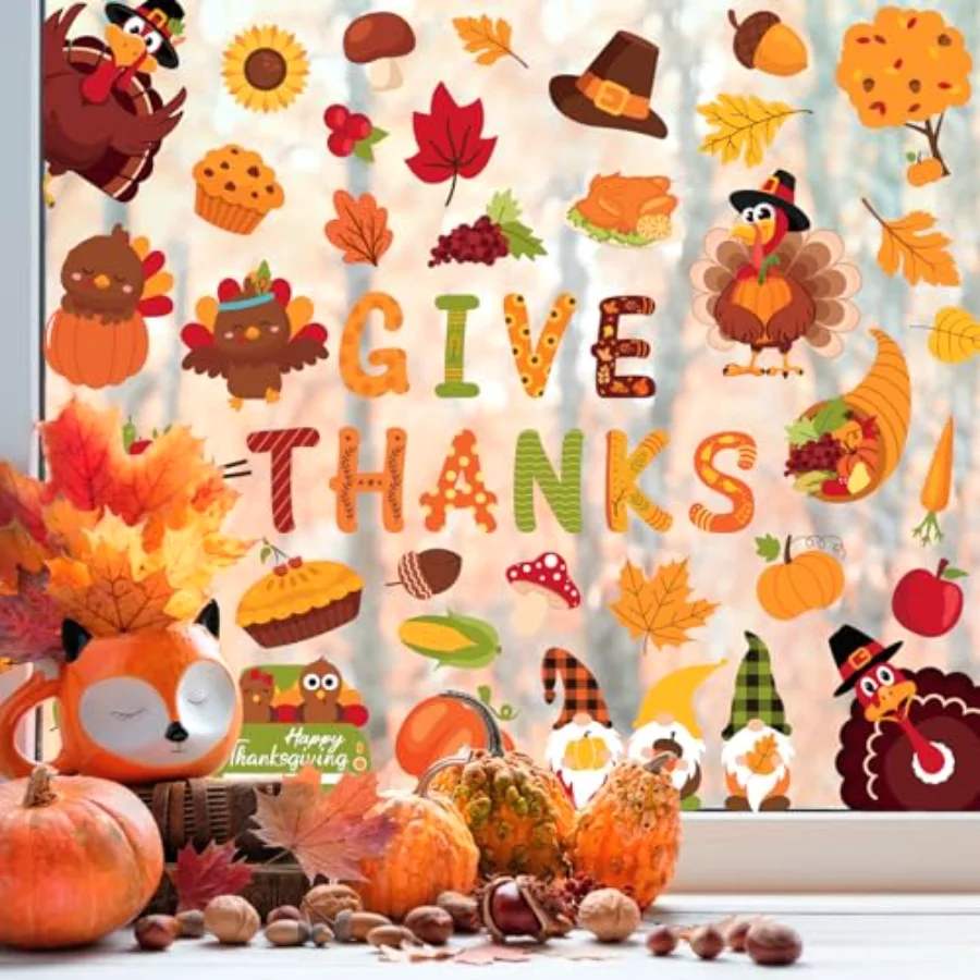 9 Sheets Fall Thanksgiving Cartoon Window Cling Stickers Turkey Pumpkin, view 4
