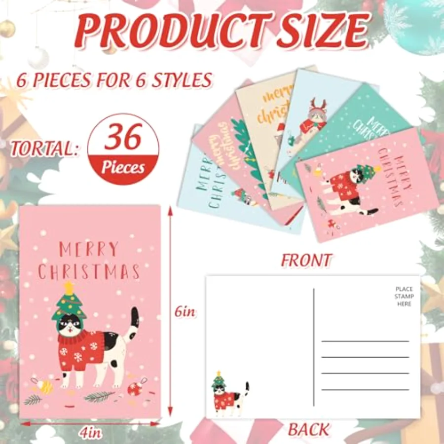 36 Pcs Christmas Postcard Colorful Cat Post Card 6 Designs Double-Sided, view 2