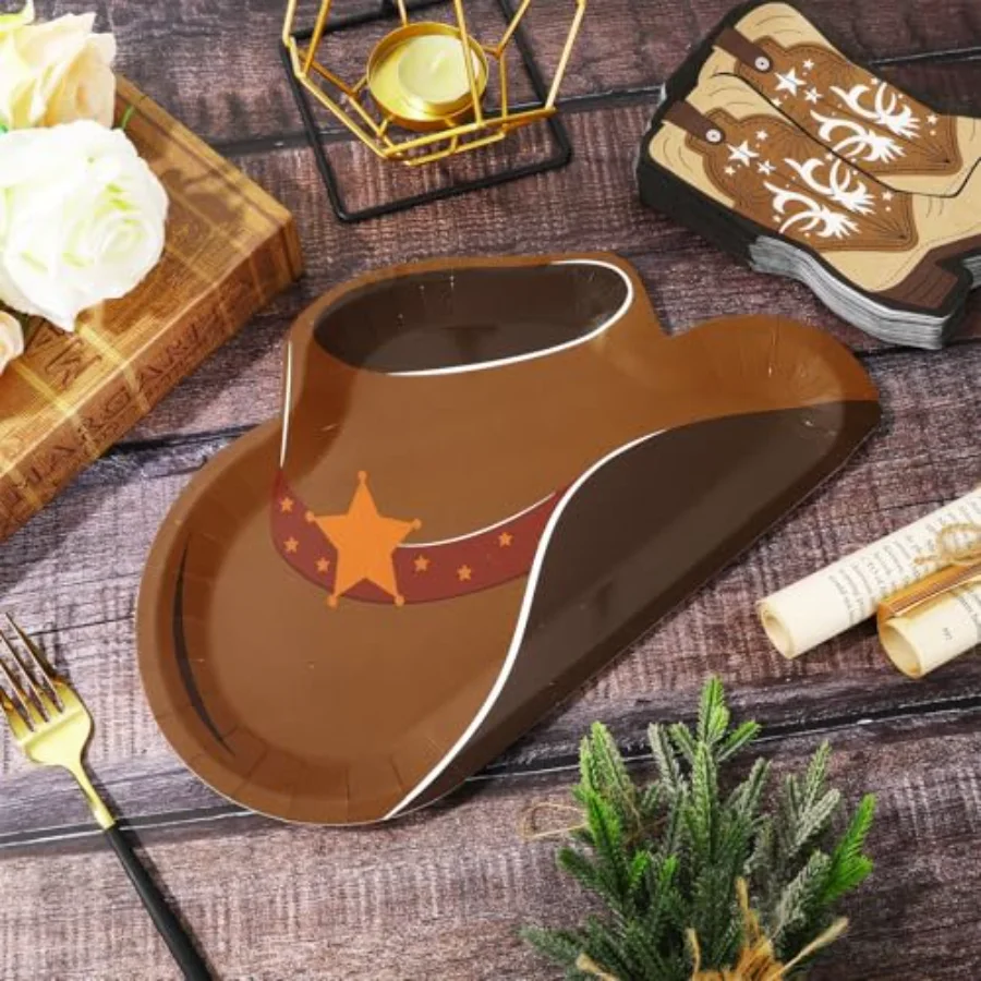 90Pcs Western Cowboy Tableware Set Brown Cowboy Hat Plates Boot Napkins, view 3
