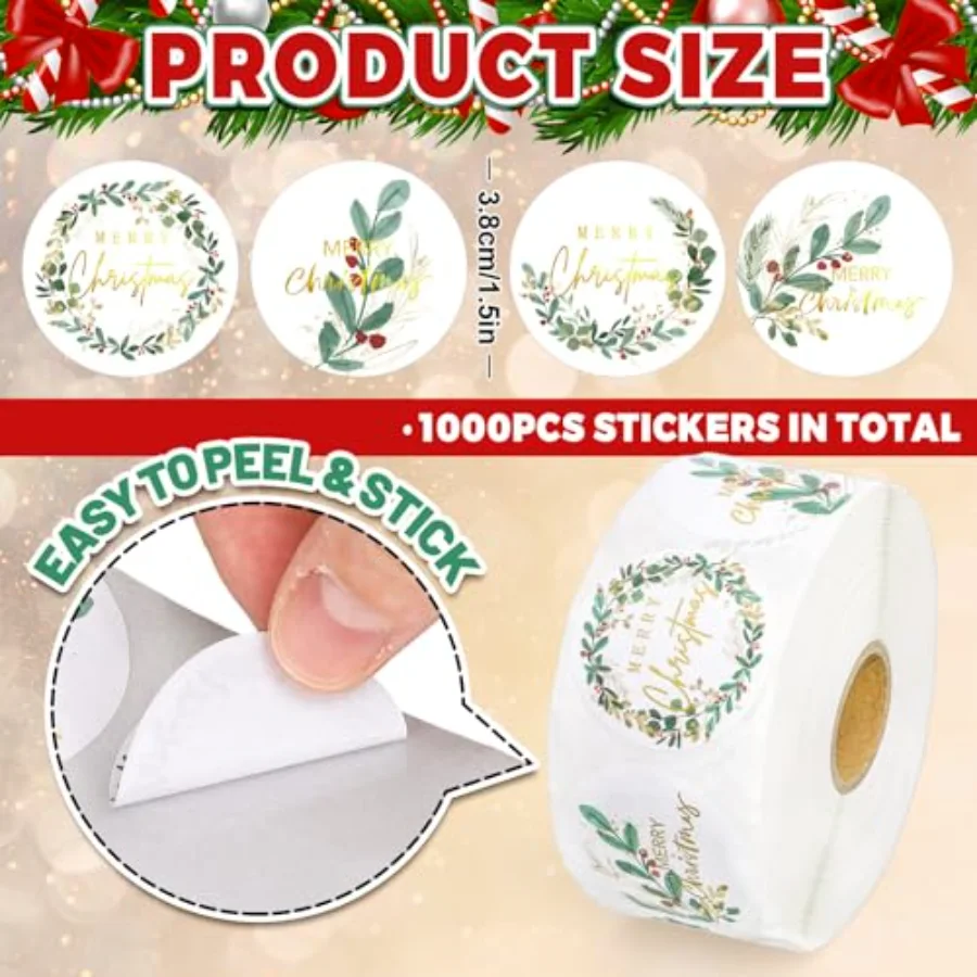 1000Pcs Merry Christmas Gold Foil Stickers Roll Holly Berry Watercolor, view 2