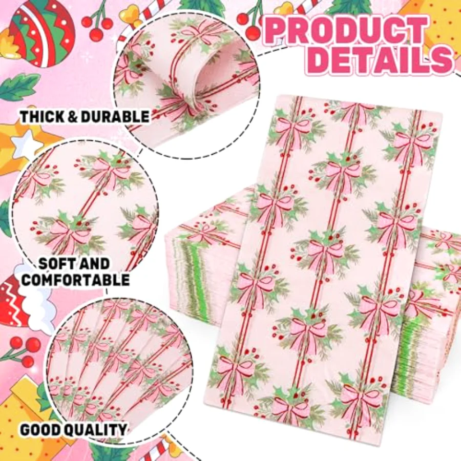 100Pcs Pink Bow Christmas Napkins Holly Berry Guest Napkins Xmas Bowknot, view 3