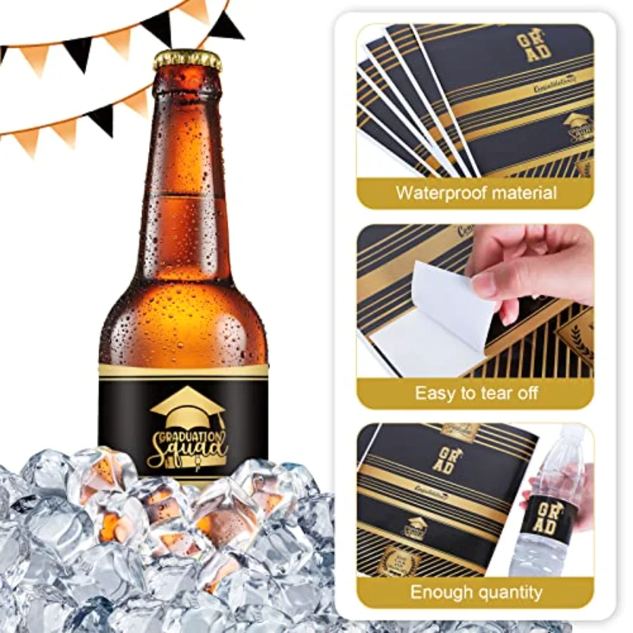 100Pcs Graduation Water Bottle Labels Black Gold Water Bottle Stickers, view 4