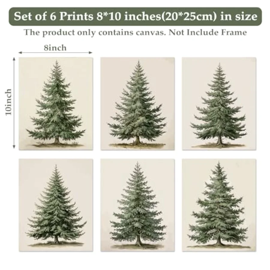 6Pcs Christmas Tree Wall Art Print Wall Decor Vintage Green Beige Xmas, view 2