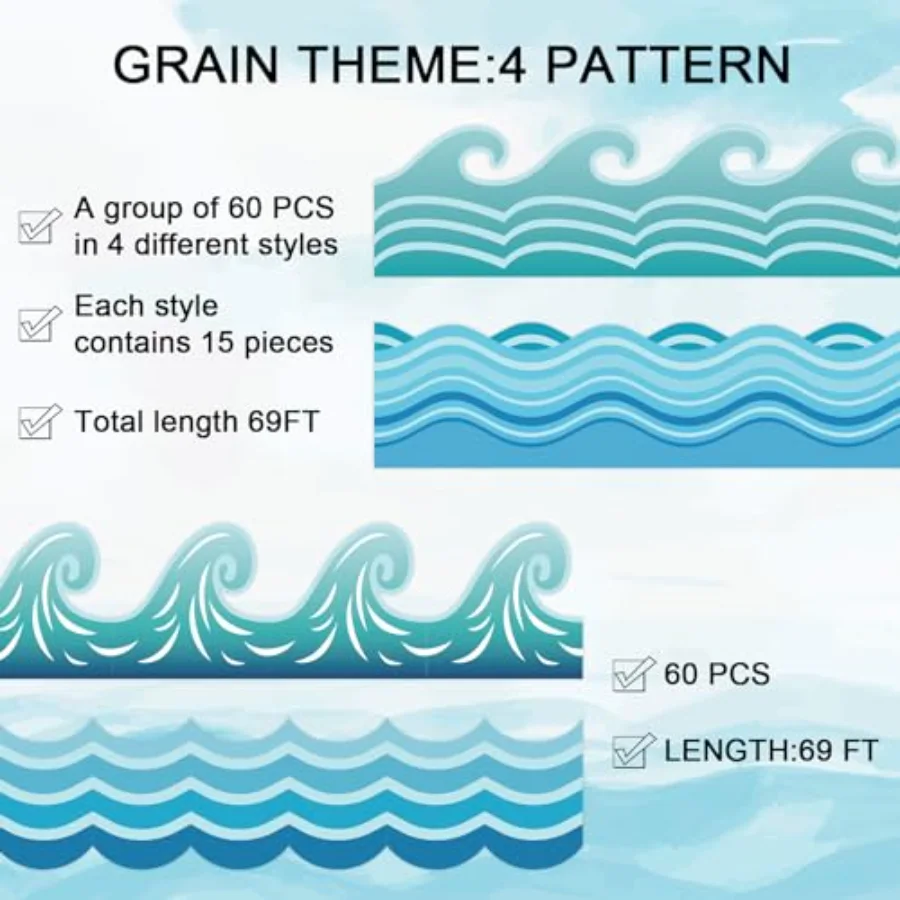 69Ft Ocean Wave Bulletin Board Borders 60Pcs Self Adhesive Sea Border Trim, view 3