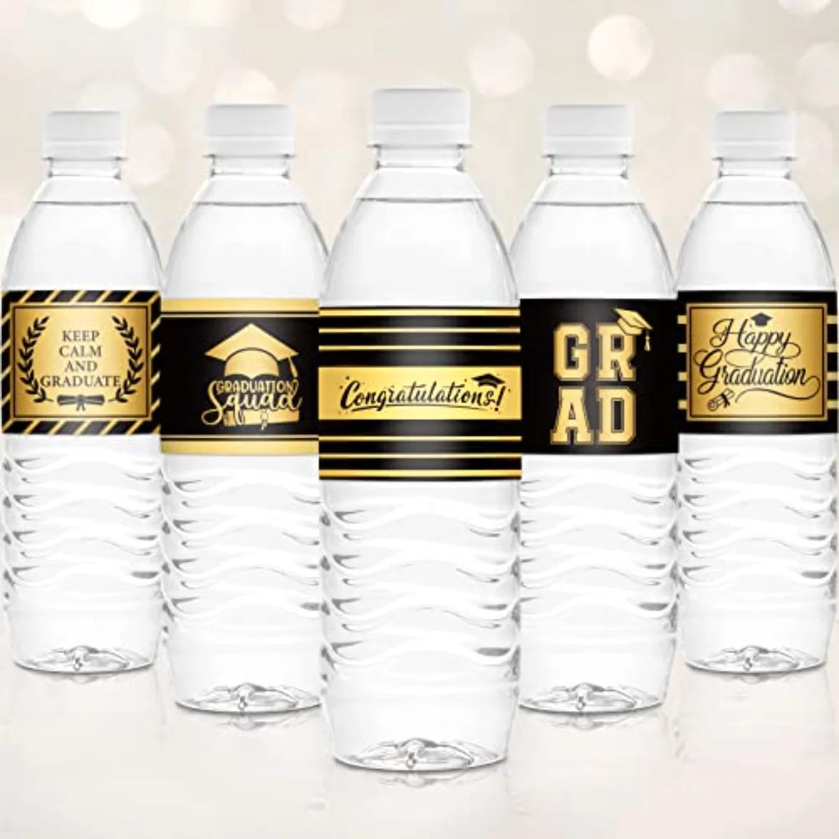 100Pcs Graduation Water Bottle Labels Black Gold Water Bottle Stickers