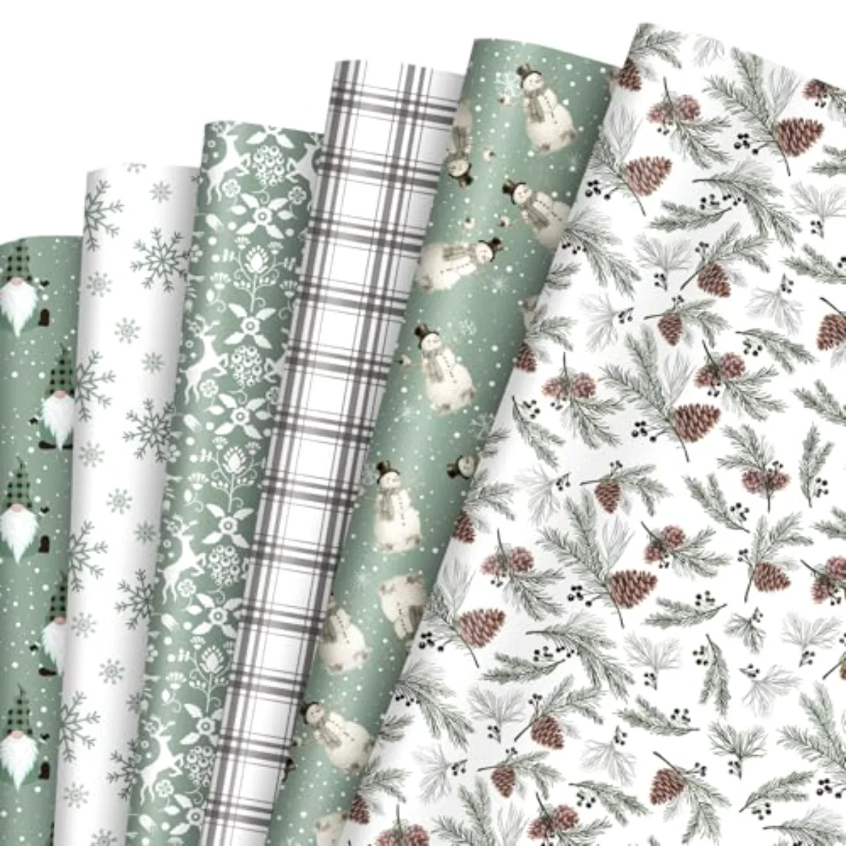 12 Sheets Christmas Wrapping Paper - Not Roll - Sage Green Snowman
