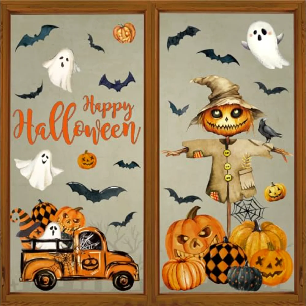6 Sheet Halloween Window Clings Black Orange Evil Scarecrow Pumpkin Truck