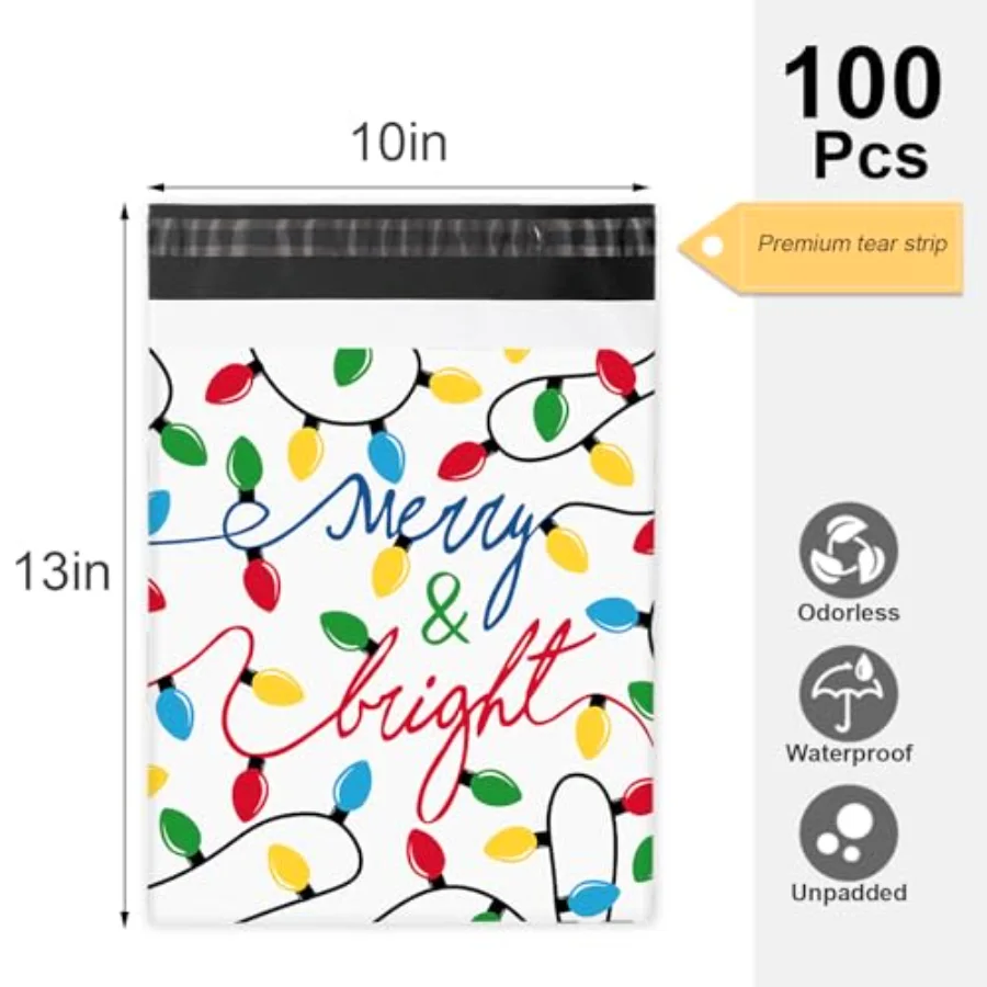 100Pcs Merry Christmas Poly Mailer 10 x 13 Inch Colorful Light Bulb, view 2