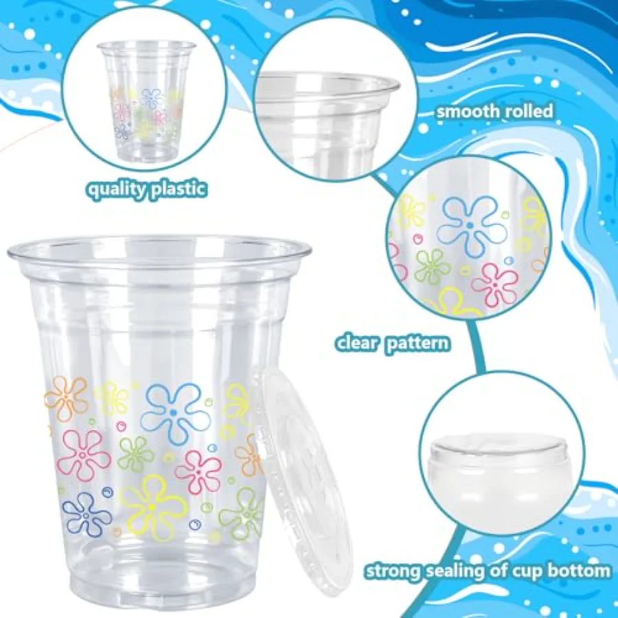 50Pcs Cartoon Sponge Plastic Cups with Lids Straws Colorful Bikini Flower, view 3