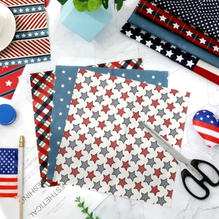 12 Pcs Patriotic Cotton Fabric Bundles Vintage Plaid Stripe Star Fabric, view 4