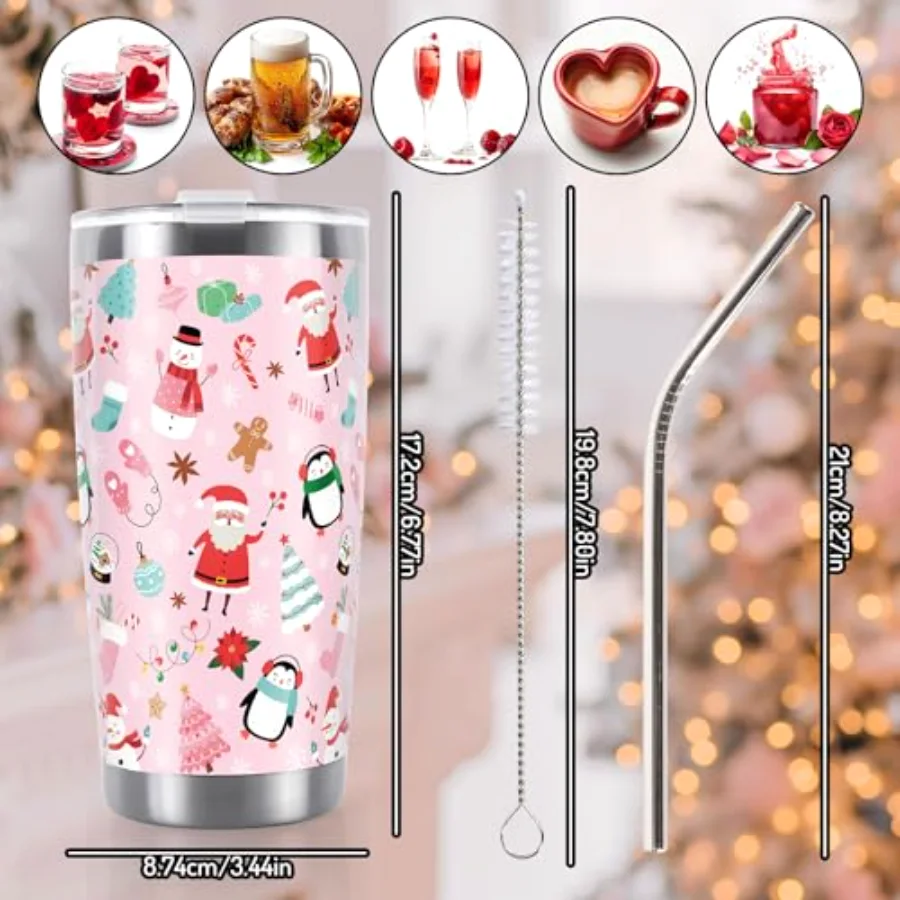 Pink Christmas Tumbler Stainless Steel Cartoon Xmas Santa Snowman Penguin, view 2