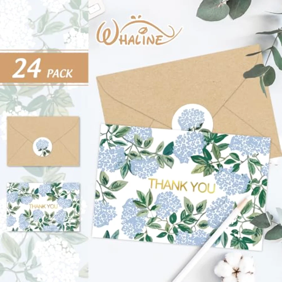 24 Pcs Hydrangea Thank You Cards with Envelopes Stickers Blue White Flower, view 3