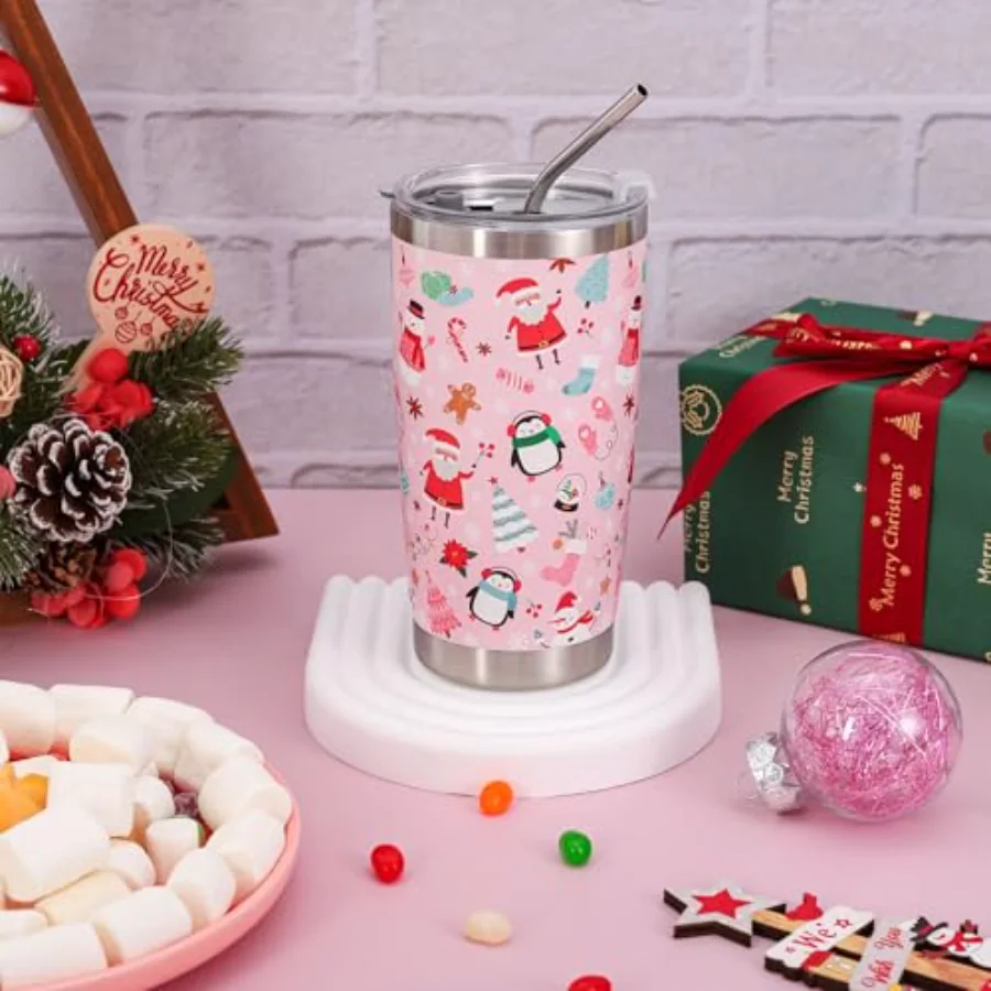 Pink Christmas Tumbler Stainless Steel Cartoon Xmas Santa Snowman Penguin, view 4