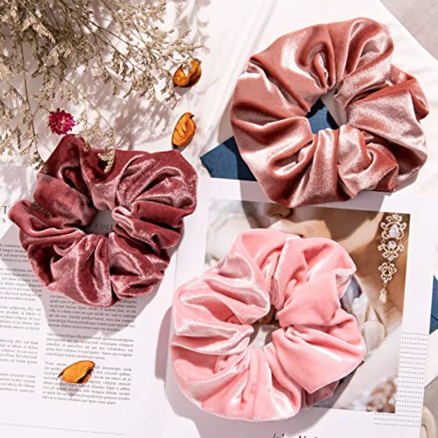 Blush Theme Hair Scrunchies Large Velvet Hair Bands Pink Soft Elastic, view 4