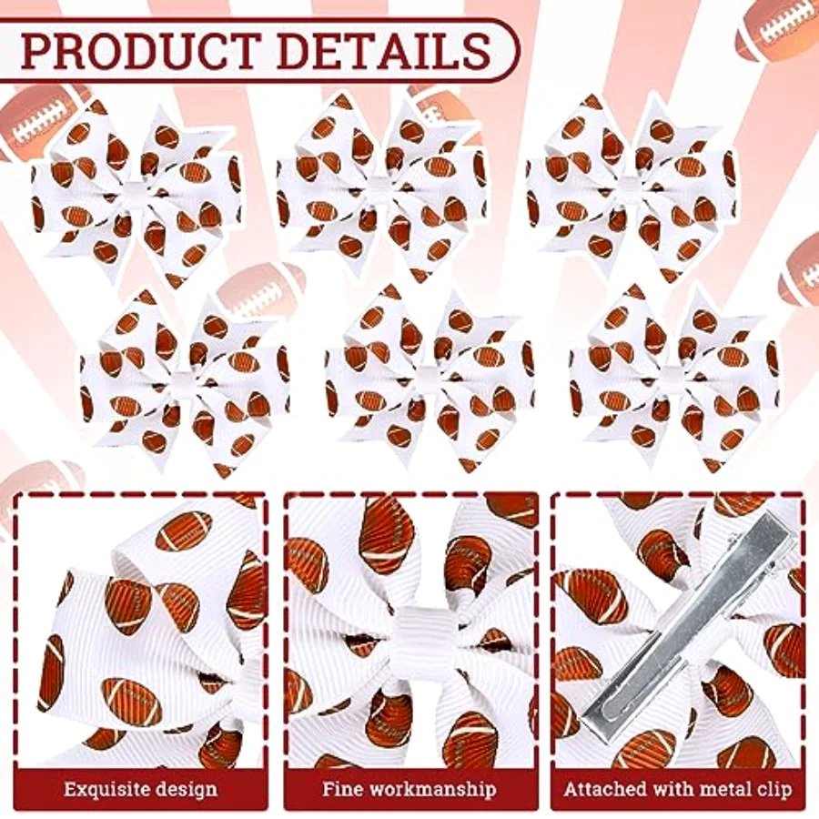 6Pcs Football Hair Bow Clips for Girls Football Printed Brown White Cheer, view 3
