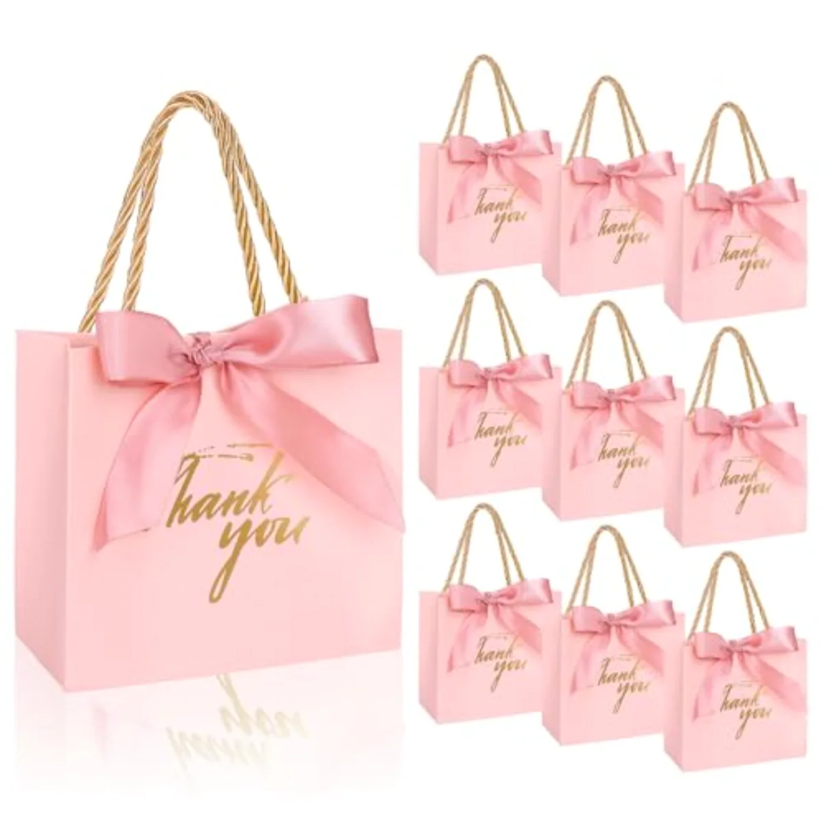 50 Pcs Thank You Paper Gift Bags with Bows Pink Candy Treat Bags with