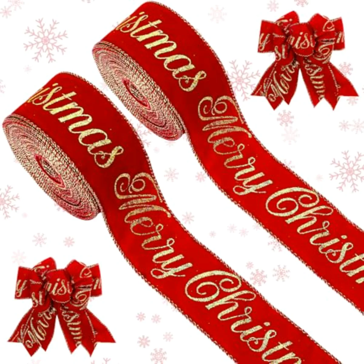 2 Roll Merry Christmas Velvet Wired Edge Ribbon 2.5 Inch 50 Yards Red Gold