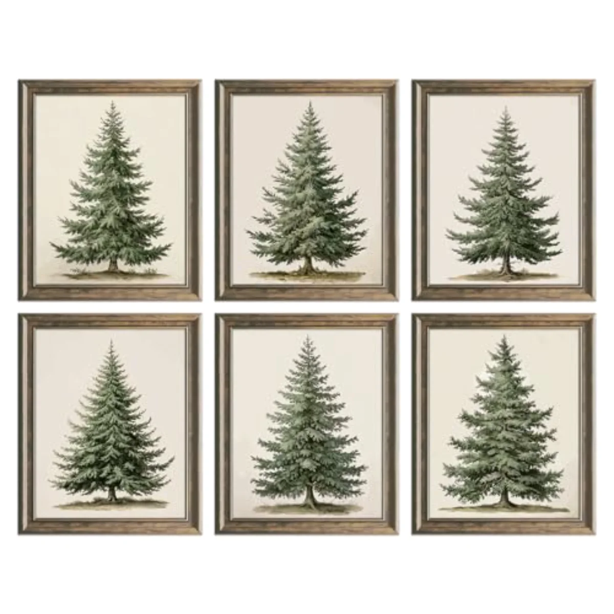 6Pcs Christmas Tree Wall Art Print Wall Decor Vintage Green Beige Xmas