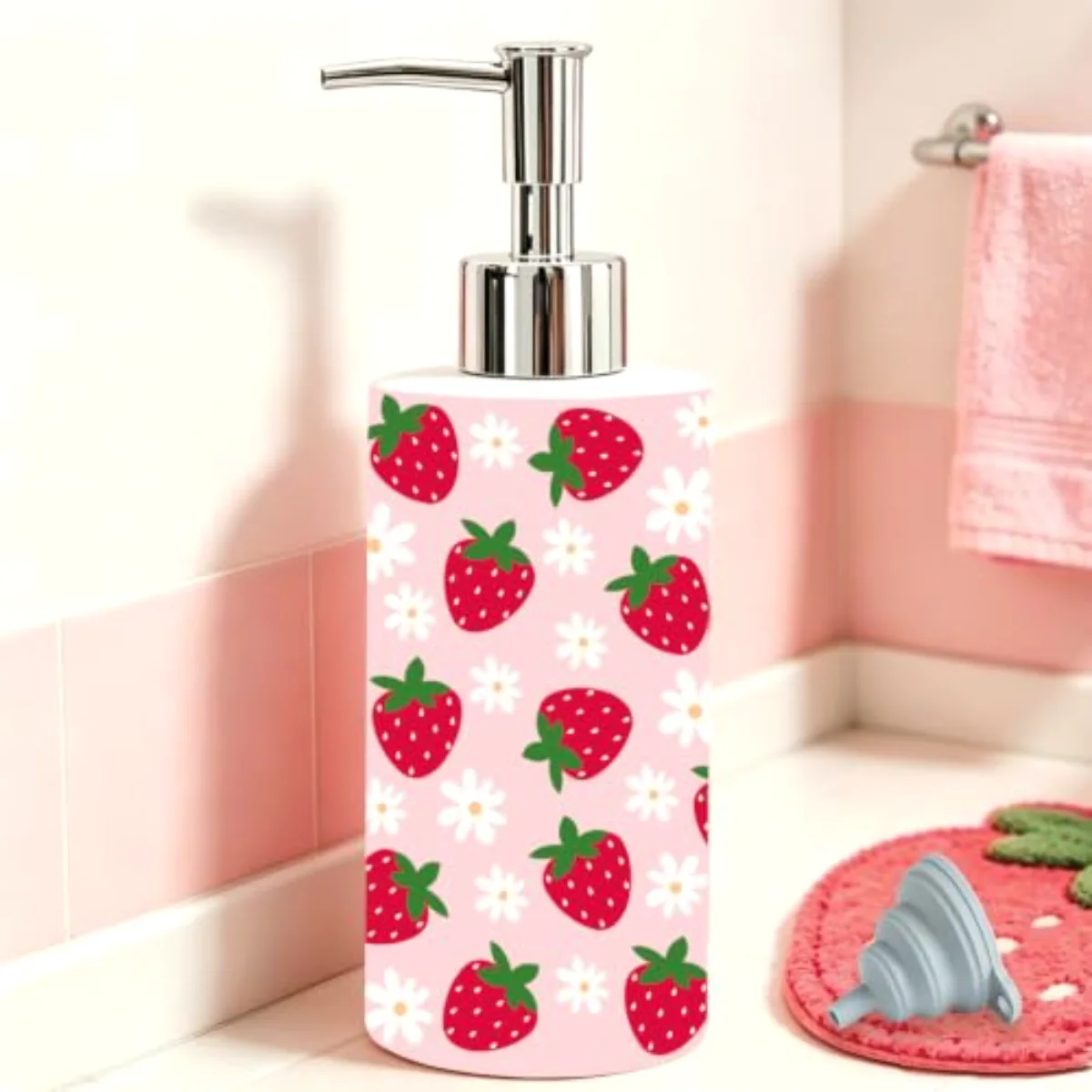 1 Pc Strawberry Soap Dispenser Glass Pink Floral Soap Dispenser with Pump