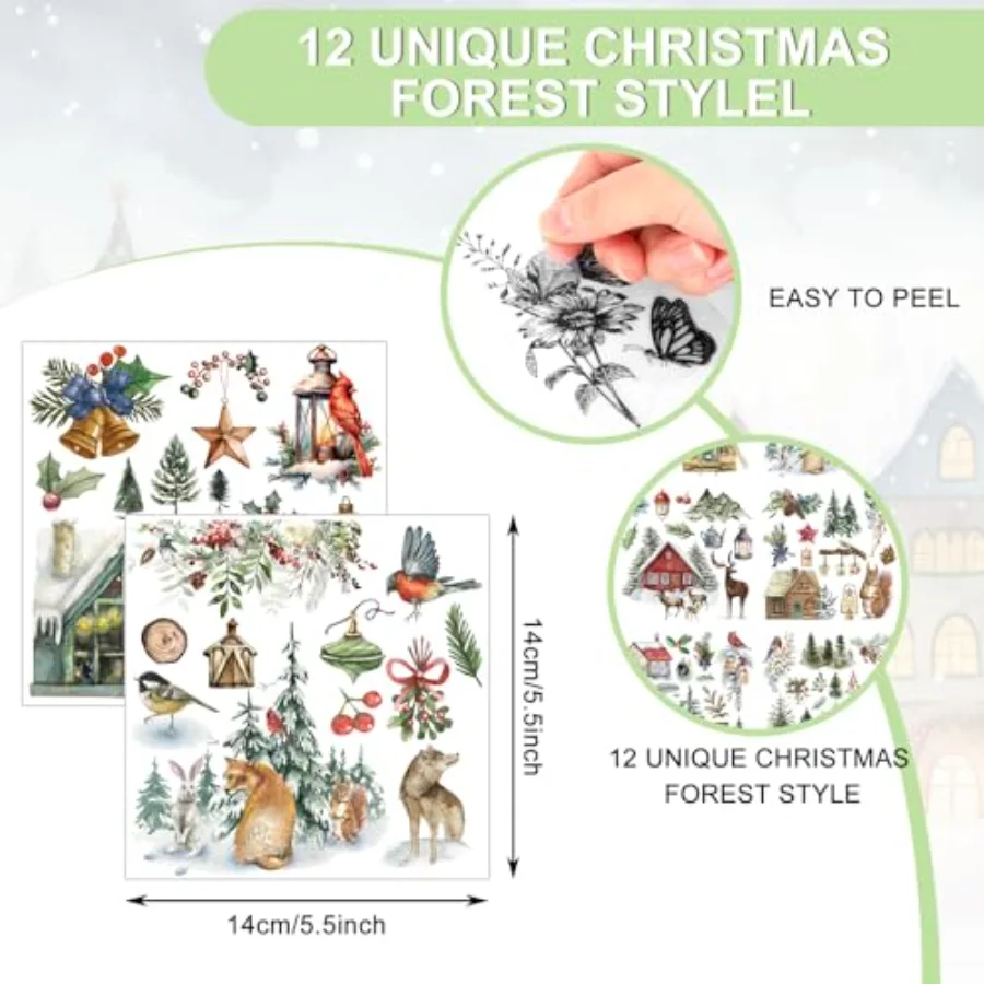 12 Sheets Christmas Forest Rub on Transfer for Crafts Xmas Tree Animal Rub, view 2
