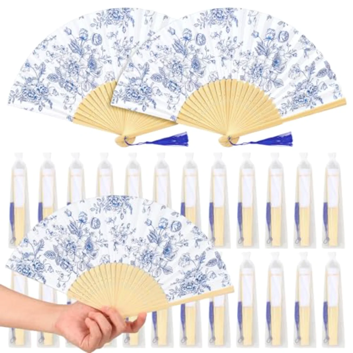 25 Sets Blue Floral Hand Folding Fans with Tassels and Organza Bags