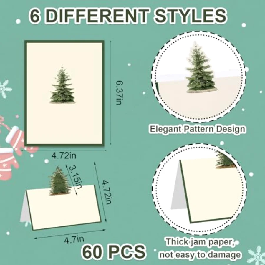 60 Pcs Christmas Place Cards 4.7 x 3.2 Inch Green Xmas Tree Tent Name, view 2