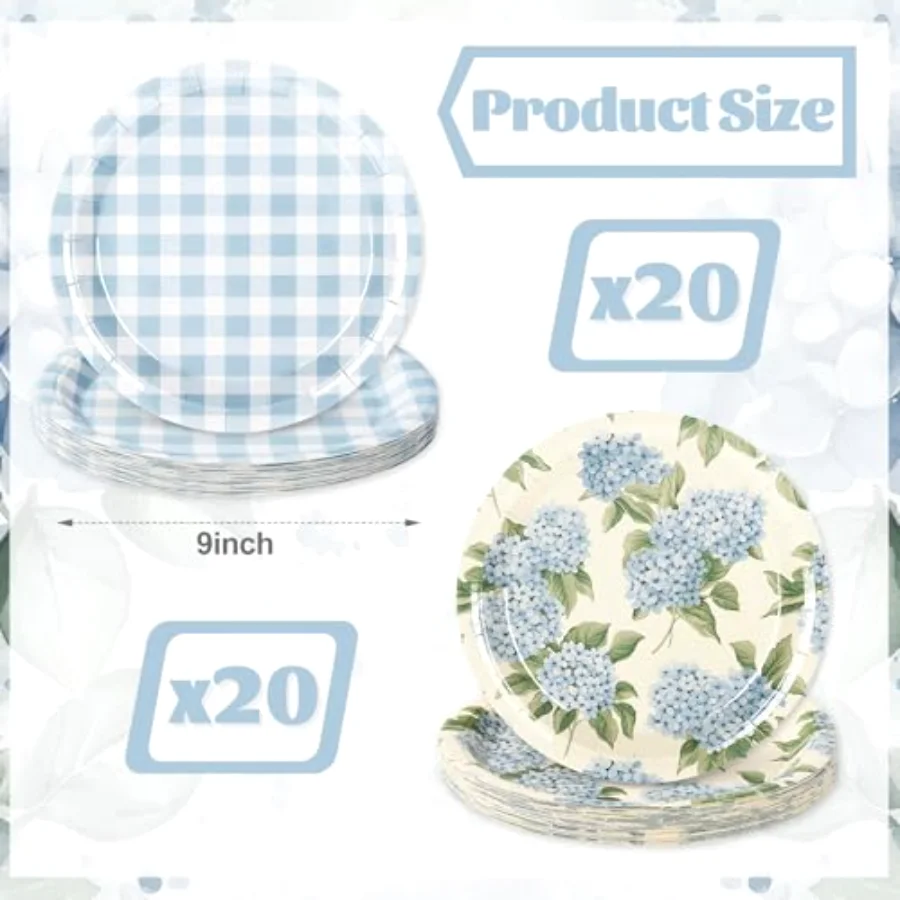 40Pcs Hydrangea Plaid Paper Plates Blue White Floral Disposable Dessert, view 2
