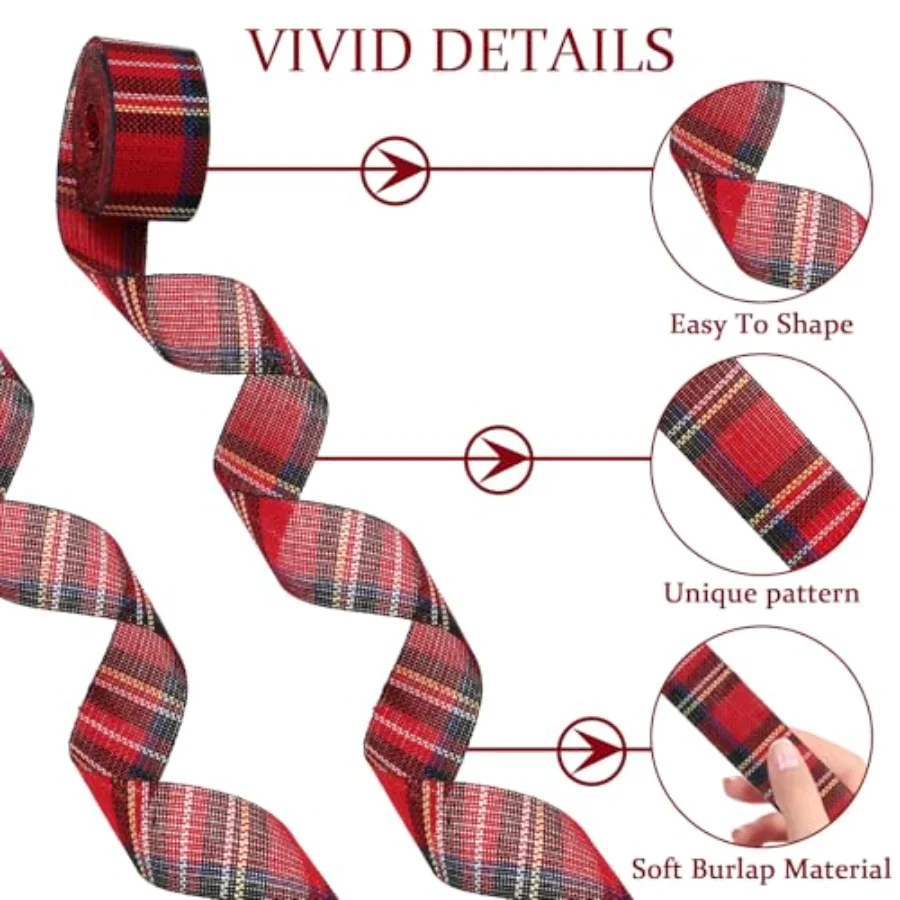 10 Rolls 50 Yard Christmas Plaid Burlap Ribbon Rolls 1 Inch Gift Wrapping, view 3