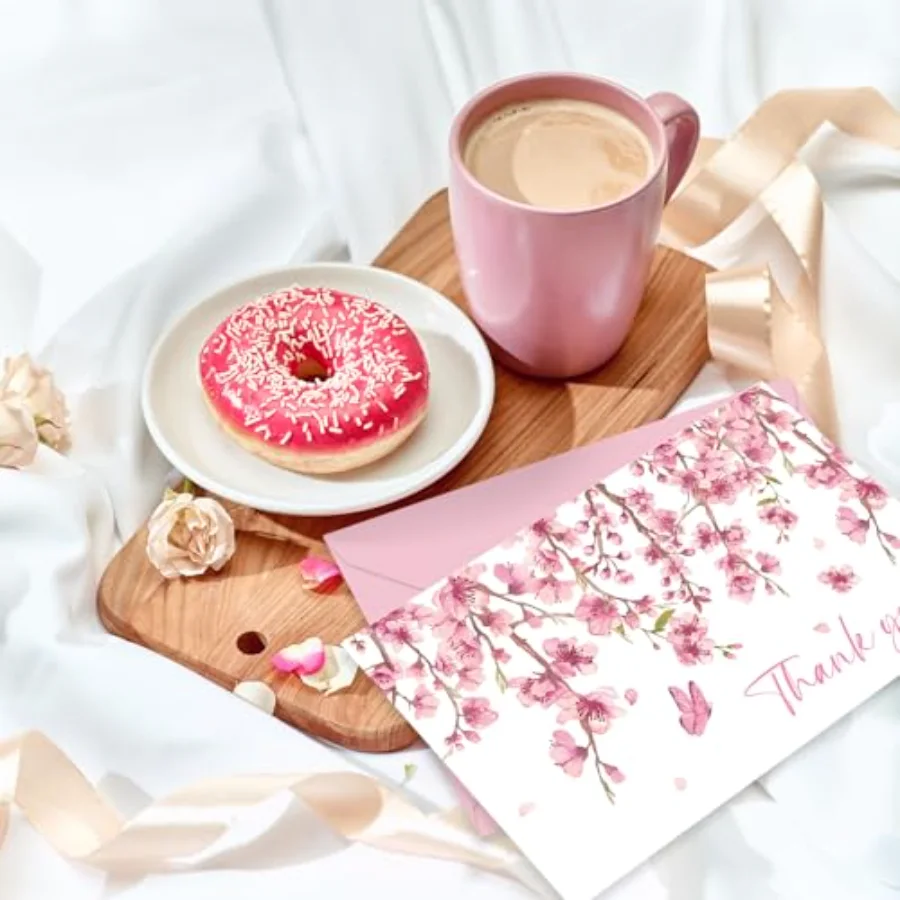 24Pcs Cherry Blossom Thank You Cards with Envelopes Stickers Pink Flower, view 4