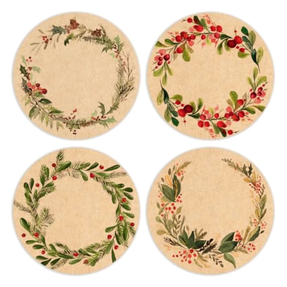 500 Pcs Christmas Kraft Label Stickers Roll Holly Berry Wreath Tag