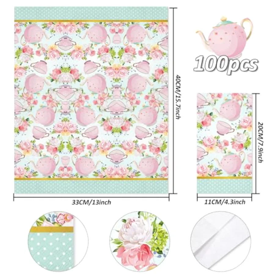 100Pcs Floral Tea Party Paper Napkins Teacups Guest Napkins Disposable, view 2