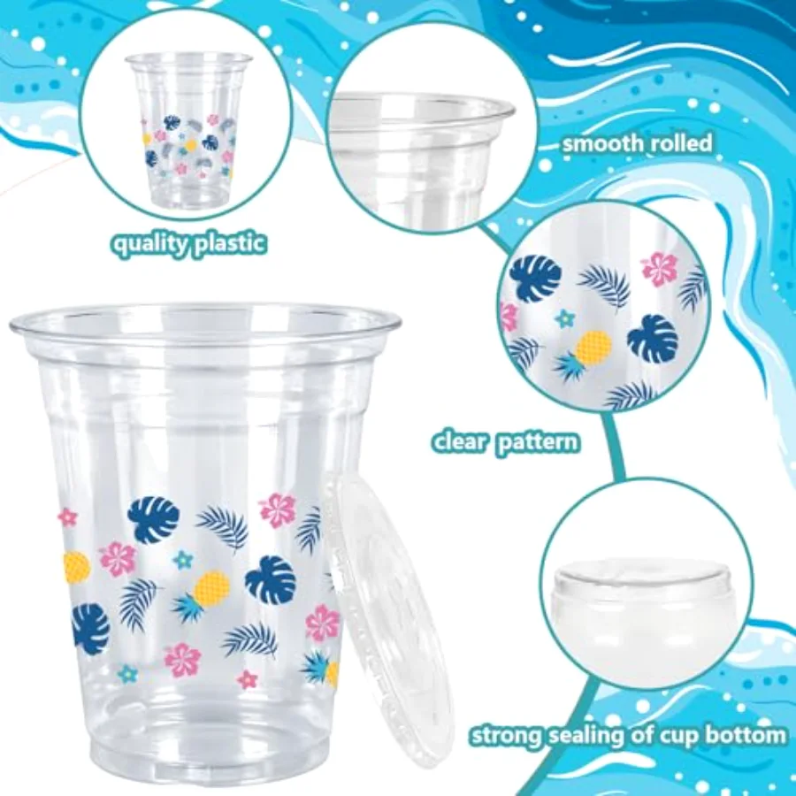 50Pcs Hawaiian Plastic Cups with Lids Straws Blue Pink Cartoon Flower, view 3