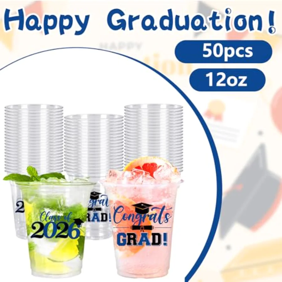 50Pcs 12oz Graduation Disposable Cup Class of 2025 Plastic Party Cup Black, view 3