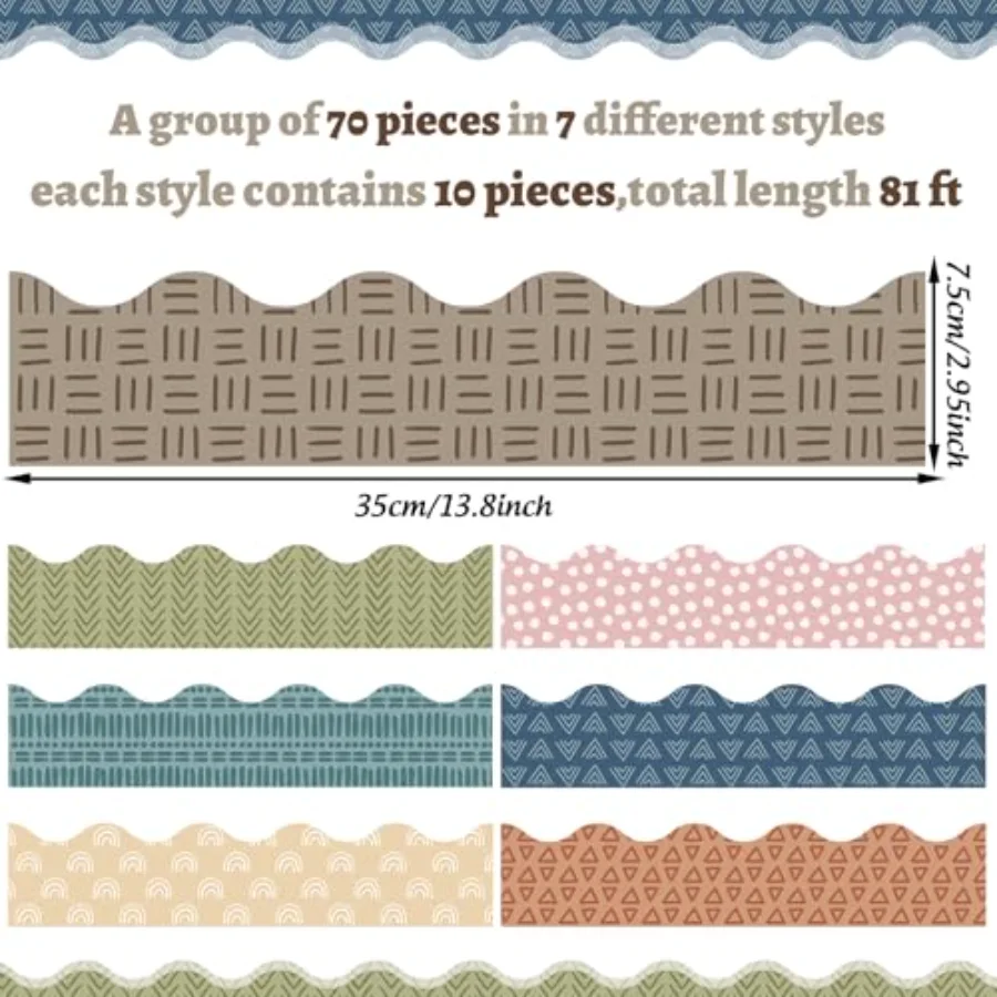 70 Pcs Boho Scalloped Bulletin Board Borders Cute Colorful Geometry, view 2