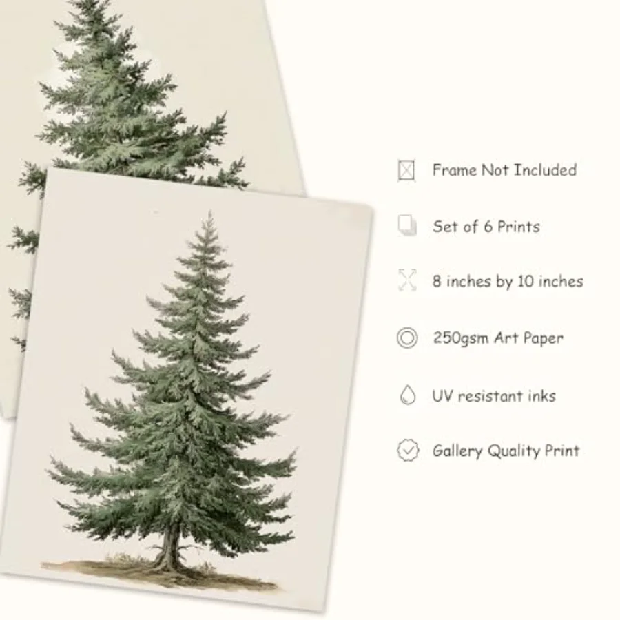 6Pcs Christmas Tree Wall Art Print Wall Decor Vintage Green Beige Xmas, view 3