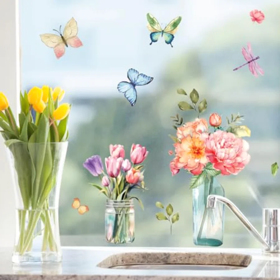 9 Sheets Spring Window Clings Watercolor Flower Vase Butterfly Aesthetic, view 3