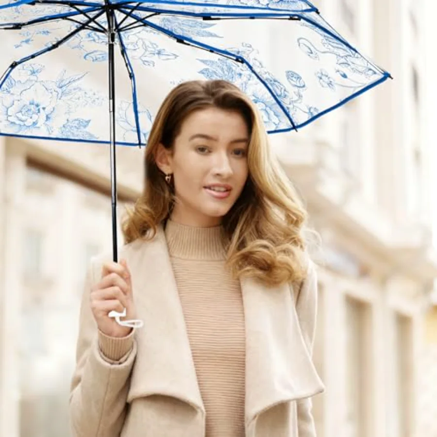 Blue Floral Clear Travel Umbrella Vintage Flower Waterproof Windproof, view 4