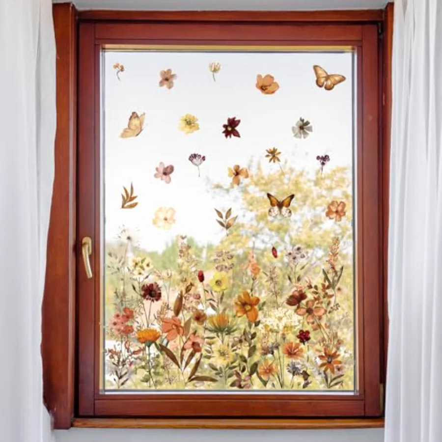 6 Sheets Fall Vintage Wildflower Window Clings Brown Wild Floral Reusable, view 2