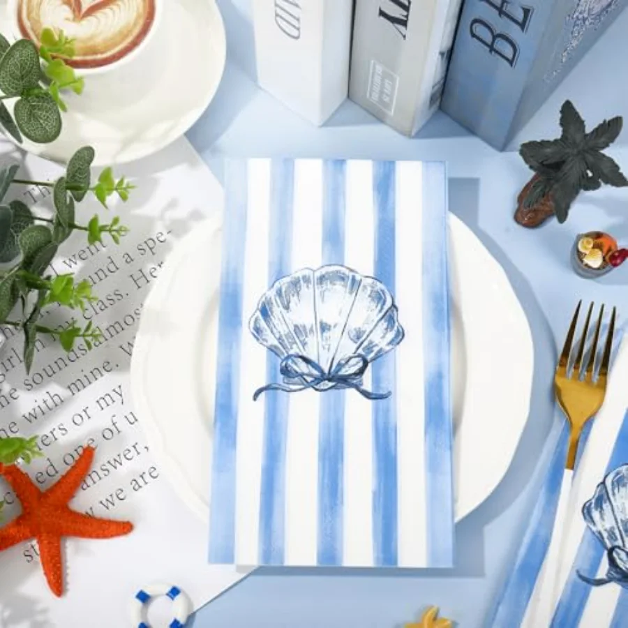 50 Pcs Ocean Stripe Guest Napkins Paper Napkins Watercolor Blue Bow Stripe, view 4