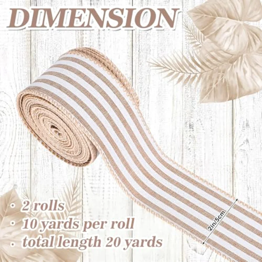 20 Yards Striped Wired Edge Ribbon White Natural Color Stripe Craft Ribbon, view 2